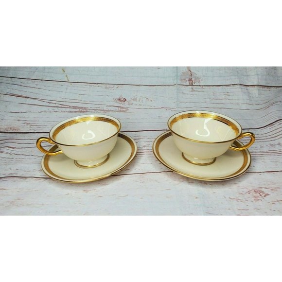 2 Lenox The Bailey, Banks & Biddle Cream Gold Trim Vintage Tea Cup & Saucer Set